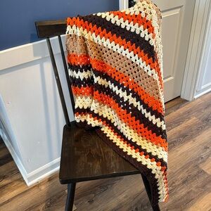 Vintage Crocheted Grannycore Blanket Throw Afghan Brown Orange White fall decor